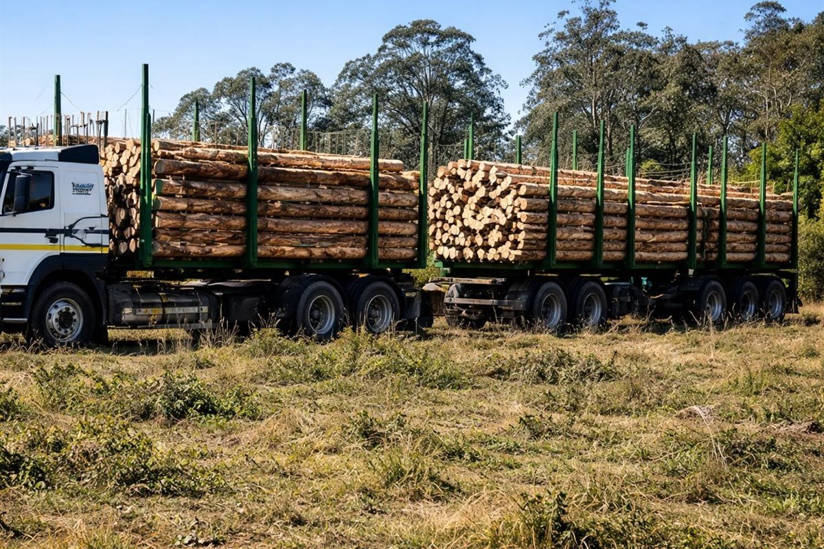 Commercial eucalyptus log shipment ready for transport