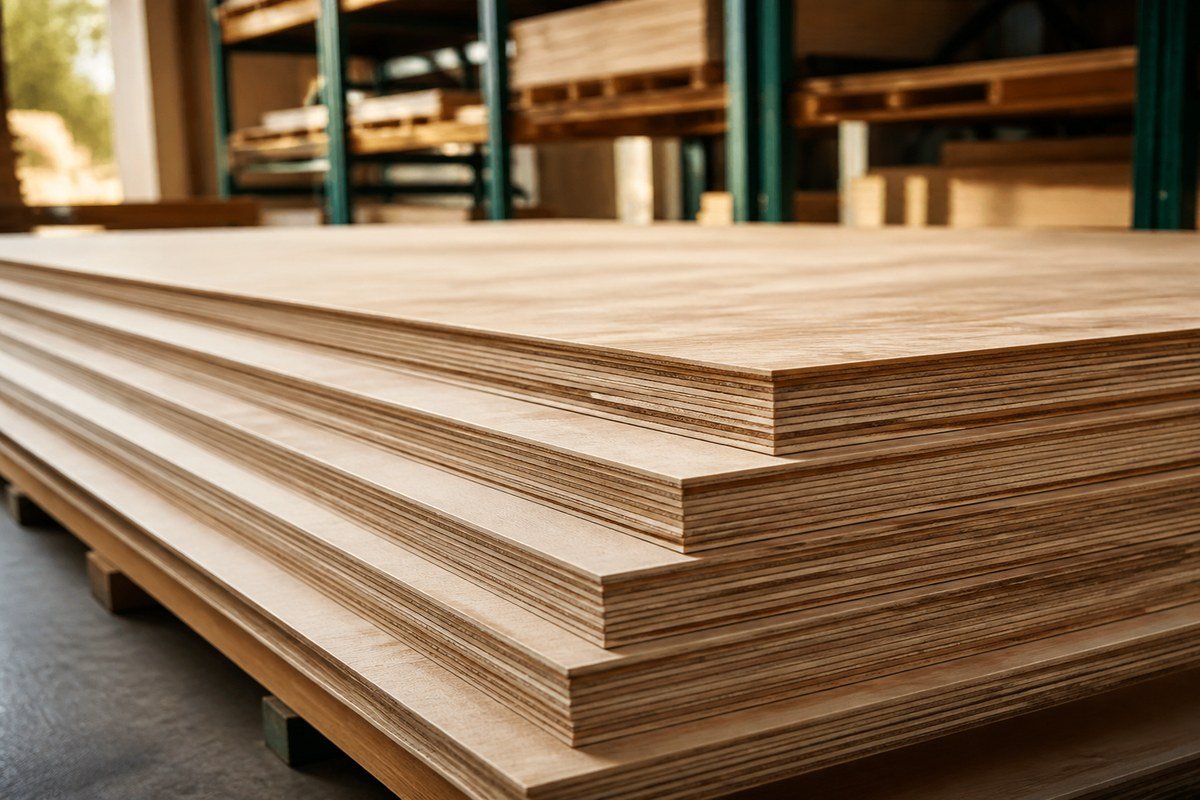 Premium plywood sheets stacked in a warehouse