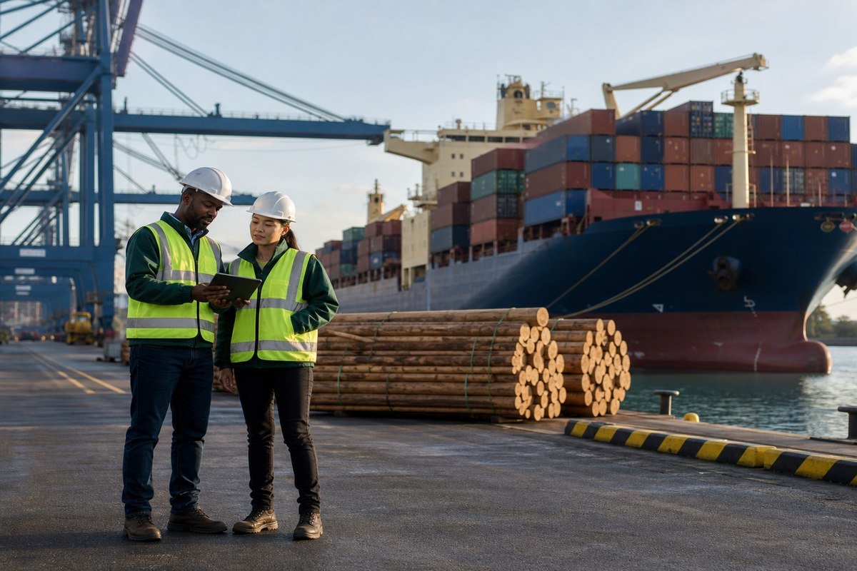 Trade professionals coordinating a timber shipment at an international port