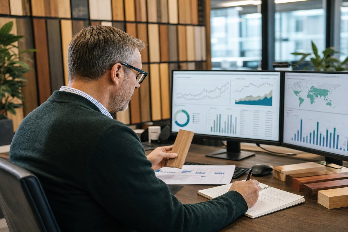Timber market analyst reviewing global supply and demand data