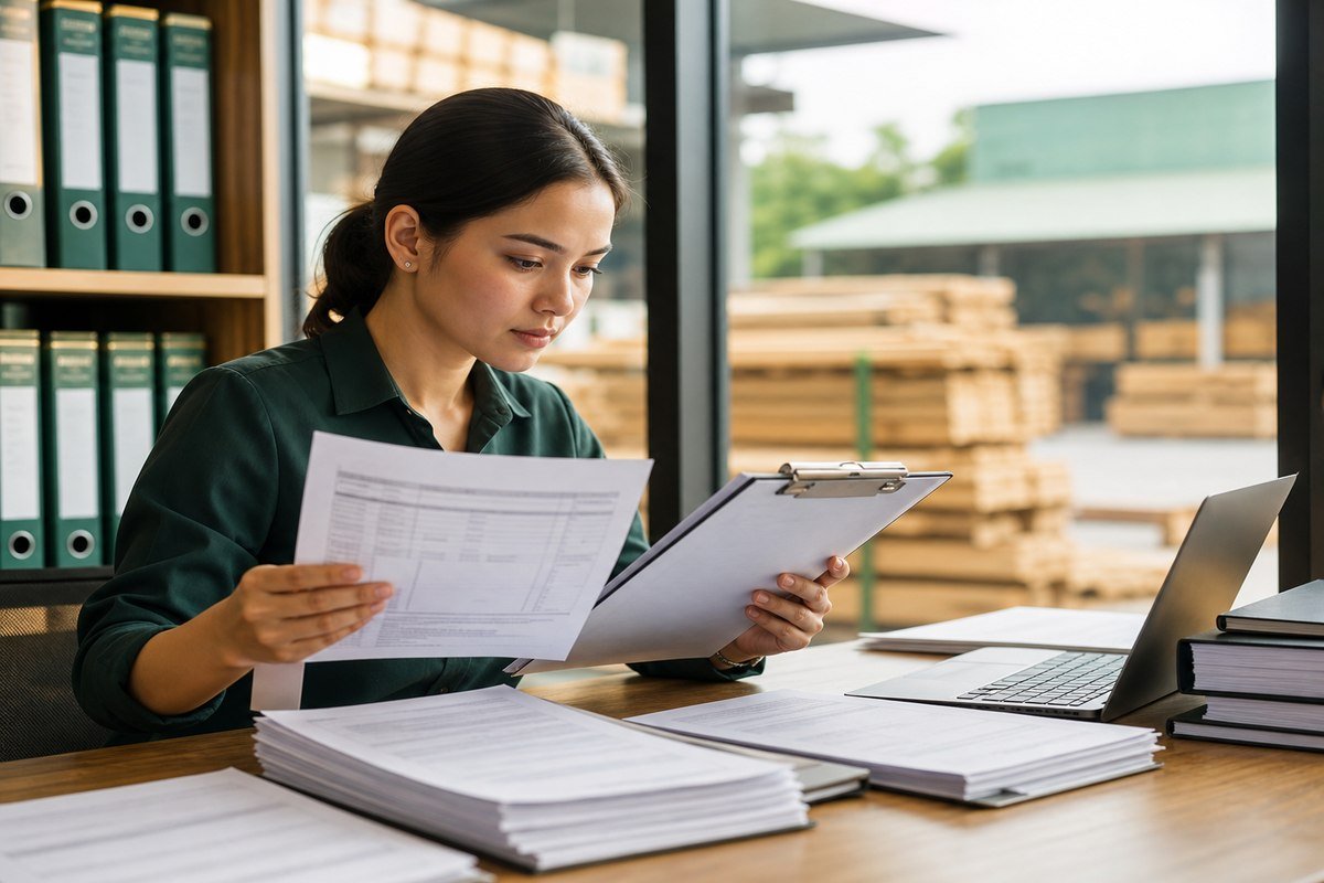 Compliance professional reviewing timber export and import documents